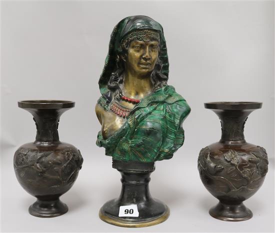 A pair of Japanese bronze vases and a bronze bust of a Nubian woman height 32cm